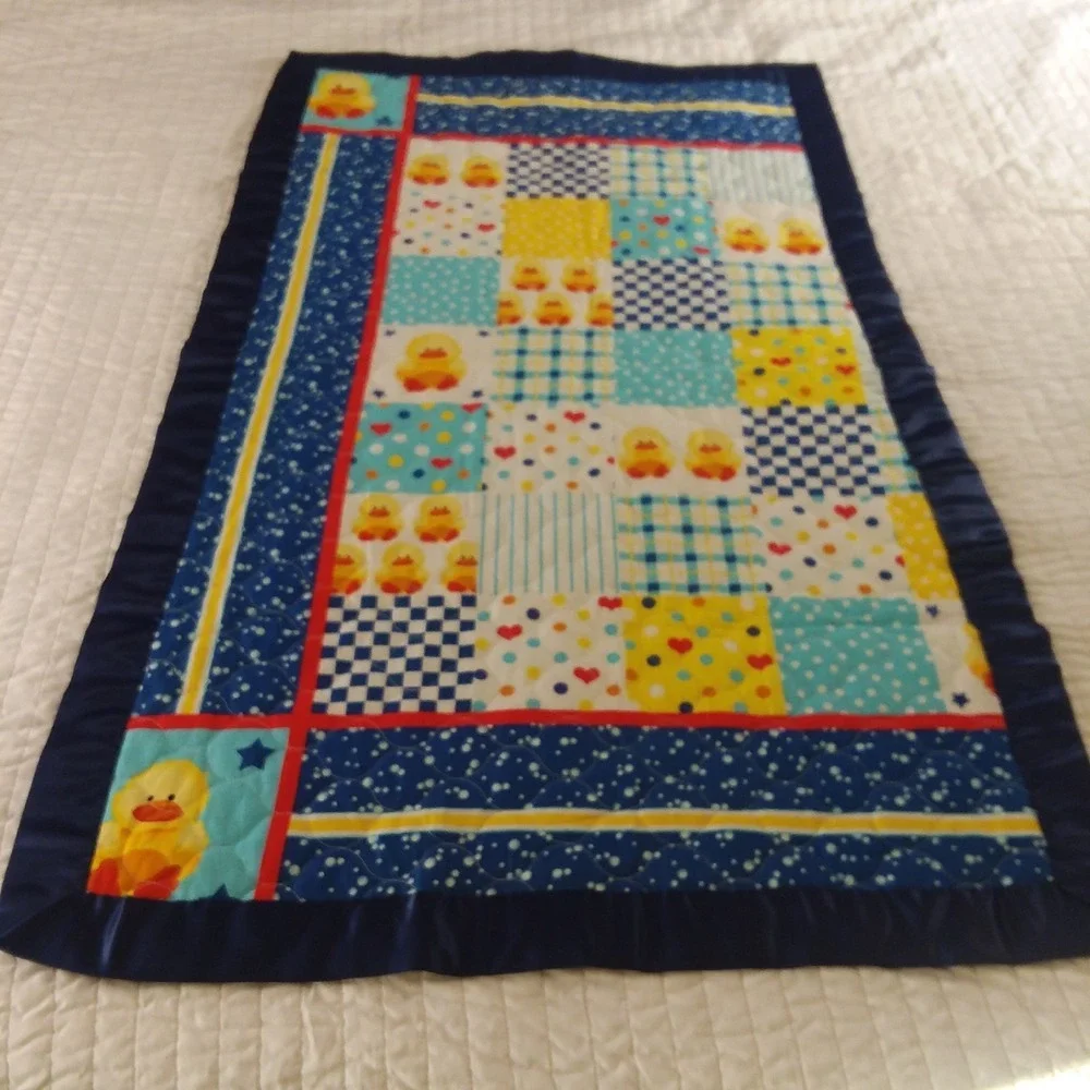 Handmade Baby Quilt Duck Patchwork Blanket Satin Trim Play Mat Blue Yellow 45x28